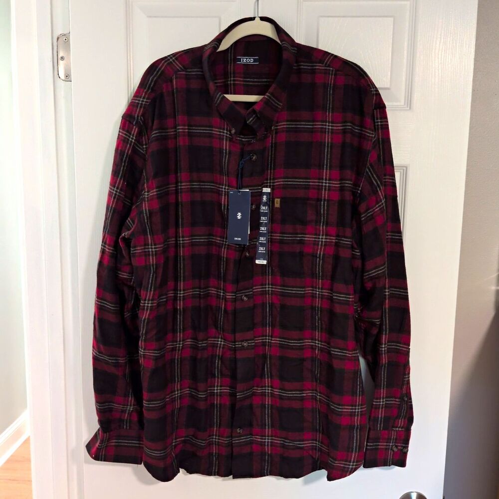 IZOD Stratton Flannel Plaid Shirt Red/Black 2XLT Big & Tall Button-Down